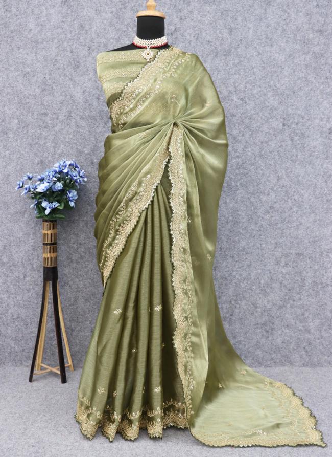 Burburry Silk Mint Green Party Wear Embroidery Work Saree